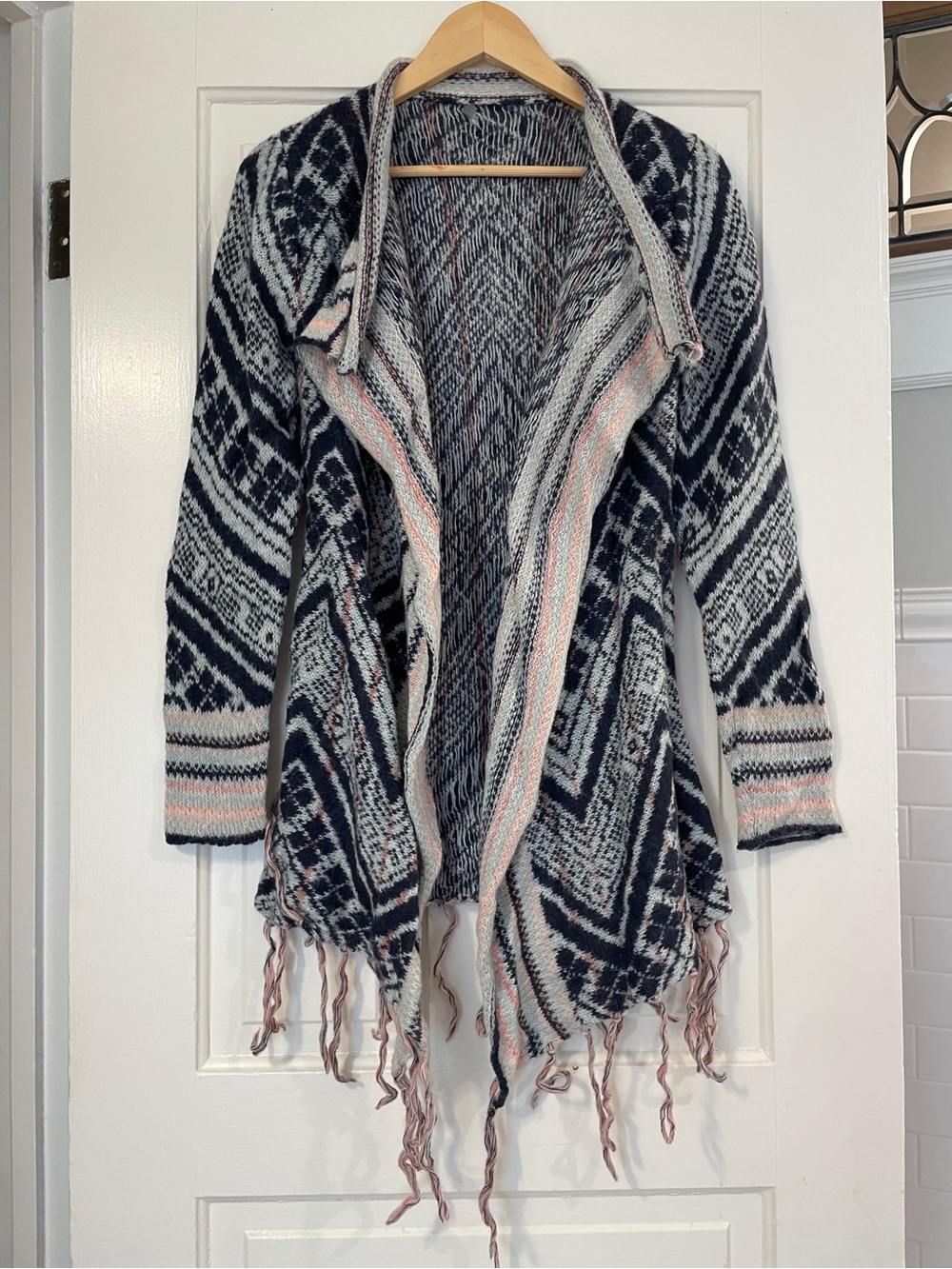 Vanity Boho Geometric Fringe Knit Open Front Cardigan Sweater Aztec Tribal M